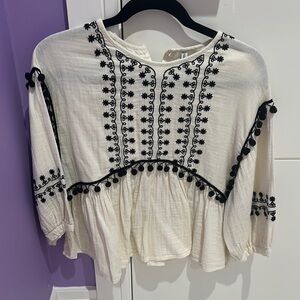 Zara White and Black Embellished Blouse with Mandarin Collar